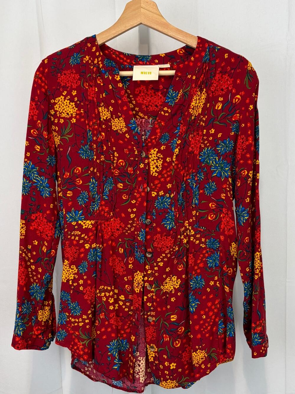 MAEVE Anthropologie Floral Printed Pintuck Blouse Red Multicolor Size S